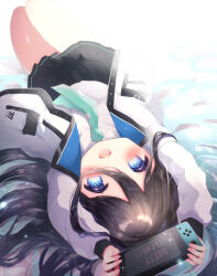 Rule 34 | 1girl, aris (blue archive), arms up, black hair, black skirt, blue archive, blue eyes, blue necktie, blush, commentary request, hair between eyes, hair spread out, haru ichigo, highres, holding, jacket, long hair, long sleeves, looking at viewer, lying, necktie, nintendo switch, on back, open clothes, open jacket, open mouth, pleated skirt, puffy long sleeves, puffy sleeves, revision, shirt, skirt, solo, very long hair, white jacket, white shirt