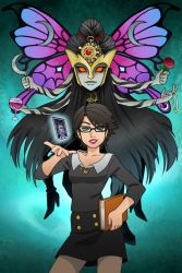 Rule 34 | 1girl, bayonetta, bayonetta (series), bayonetta 2, book, butterfly hair ornament, collarbone, commentary, commission, crossover, death (tarot), earrings, english commentary, extra arms, flower, glasses, guilhermerm, hair ornament, highres, holding, holding book, jewelry, long sleeves, madama butterfly, mole, mole under eye, mole under mouth, necklace, nintendo, parody, persona, persona 4, rose, short hair, sickle, smile, solo, super smash bros., tarot, teacher