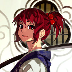 Rule 34 | 1girl, alternate hairstyle, eyebrows, female focus, hair between eyes, hair bobbles, hair ornament, onozuka komachi, open mouth, ponytail, red eyes, red hair, solo, sun-3, touhou, upper body