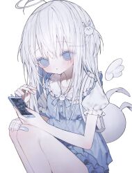 Rule 34 | 1girl, ahoge, animal bag, aochan 1325, bandaid, bandaid on knee, bandaid on leg, blue dress, blue eyes, blush, cellphone, child, detached wings, dress, expressionless, gauze, hair ornament, halo, highres, holding, holding phone, long hair, looking at viewer, mini wings, original, phone, rabbit bag, rabbit hair ornament, ringed eyes, short sleeves, simple background, smartphone, solo, squatting, white background, white hair, wings