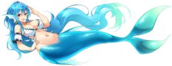 Rule 34 | 1girl, :d, absurdres, bad id, bad twitter id, blue hair, breasts, detached sleeves, earrings, fang, fins, full body, gradient hair, hair between eyes, hand on own hip, hand up, head fins, highres, jewelry, large breasts, long hair, looking at viewer, lying, mermaid, monster girl, multicolored hair, navel, navel piercing, necklace, on back, open mouth, original, piercing, red eyes, simple background, smile, solo, suruga (xsurugax), tiara, very long hair, white background
