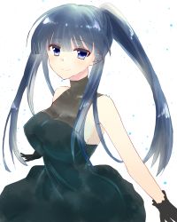 Rule 34 | 1girl, absurdly long hair, aquaplus, bare shoulders, black dress, black gloves, black hair, blue eyes, blush, breasts, cleavage, closed mouth, collarbone, covered collarbone, cowboy shot, dress, gloves, gradient eyes, gradient hair, hair between eyes, high ponytail, kukonoji, large breasts, long hair, looking at viewer, lowres, multicolored eyes, multicolored hair, outstretched arms, ponytail, raised eyebrows, sideboob, sidelocks, sleeveless, sleeveless dress, smile, solo, spread arms, touma kazusa, very long hair, white album, white album (series), white album 2