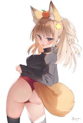 Rule 34 | 1girl, absurdres, animal ear fluff, animal ears, annytf, ass, beyumi, black sweater, black thighhighs, blush, brown eyes, brown hair, food, food on head, fox ears, fox girl, fox tail, from behind, fruit, glasses, hair ornament, highres, indie virtual youtuber, leotard, leotard under clothes, long hair, looking back, object on head, orange (fruit), red leotard, side ponytail, simple background, solo, star (symbol), star hair ornament, sweater, tail, thighhighs, thighs, thong leotard, virtual youtuber, white background