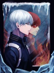 Rule 34 | 10s, 1boy, artist name, blue eyes, boku no hero academia, burn mark, fire, from side, ice, male focus, mirror, multicolored hair, open mouth, red hair, reflection, silver hair, solo, todoroki shouto, two-tone hair, upper body, yuari kim