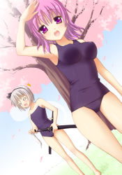 Rule 34 | 2girls, :d, :o, arm up, armpits, barefoot, blue one-piece swimsuit, blush, bob cut, body blush, breasts, cherry blossoms, contrapposto, cowboy shot, day, female focus, flat chest, grass, hair ribbon, hairband, hitodama, impossible clothes, impossible swimsuit, konpaku youmu, konpaku youmu (ghost), large breasts, looking at viewer, multiple girls, multiple swords, no pupils, o o, one-piece swimsuit, open mouth, outdoors, petals, pink eyes, purple eyes, purple hair, raised eyebrows, ribbon, saigyouji yuyuko, saki chisuzu, salute, school swimsuit, sheath, sheathed, short hair, silver hair, sky, smile, standing, surprised, swimsuit, sword, tears, touhou, tree, weapon