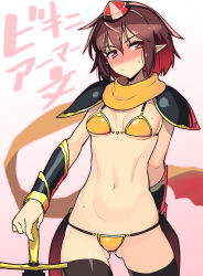 Rule 34 | 1girl, alternate costume, armor, bikini, bikini armor, black thighhighs, blush, brown hair, commentary request, cowboy shot, gluteal fold, gradient background, gradient hair, hair between eyes, hand on hilt, hand rest, hat, head tilt, highres, looking at viewer, micro bikini, multicolored hair, navel, nose blush, pauldrons, pink background, planted, planted sword, planted weapon, pointy ears, red hair, scarf, shameimaru aya, shoulder armor, solo, standing, stomach, sweatdrop, swimsuit, sword, taketora suzume, thighhighs, thighs, tokin hat, touhou, translation request, vambraces, weapon, white background, yellow scarf