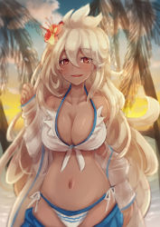 Rule 34 | 10s, 1girl, ahoge, bare shoulders, bikini, blouse, blurry, breasts, cleavage, dark-skinned female, dark skin, depth of field, evening, flower, front-tie top, granblue fantasy, hair between eyes, hair flower, hair ornament, large breasts, long hair, looking at viewer, navel, opanchu (pixiv259683), open clothes, open mouth, open shirt, palm leaf, palm tree, red eyes, shirt, solo, swimsuit, tree, white bikini, white hair, white shirt, zooey (granblue fantasy), zooey (summer) (granblue fantasy)