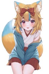 Rule 34 | 1girl, :p, absurdres, animal ear fluff, animal ears, blonde hair, blue hair, blush, bow, fox ears, fox girl, fox tail, hair bow, hakama, highres, indie virtual youtuber, jacket, japanese clothes, long sleeves, miko, multicolored hair, multicolored tail, off shoulder, open clothes, open jacket, red bow, red eyes, red hakama, sakura chiyo (konachi000), solo, streaked hair, tail, thick eyebrows, tongue, tongue out, virtual youtuber, white background, yamano kayo