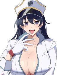 Rule 34 | 1girl, absurdres, bambietta basterbine, black hair, bleach, bleach: sennen kessen-hen, blue eyes, blush, breasts, cleavage, collarbone, commentary request, eyelashes, finger to mouth, gloves, hair between eyes, hand up, hat, highres, jacket, kasuga kaya, korean commentary, large breasts, long hair, long sleeves, looking at viewer, naughty face, no bra, open clothes, open jacket, open mouth, peaked cap, simple background, solo, straight-on, teeth, tongue, tongue out, upper teeth only, v-shaped eyebrows, white background, white gloves, white hat, white jacket