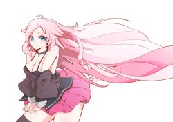 Rule 34 | 1girl, ahoge, alternate breast size, asymmetrical legwear, bare shoulders, blue eyes, braid, breasts, bridal garter, choker, cleavage, cowboy shot, ia (vocaloid), long hair, looking at viewer, medium breasts, mismatched legwear, off shoulder, pink hair, pink skirt, pleated skirt, simple background, single thighhigh, skirt, smile, solo, tank top, thigh strap, thighhighs, trf honeycomb, twin braids, uneven legwear, very long hair, vocaloid, white background