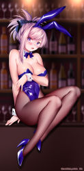 Rule 34 | 1girl, animal ears, asymmetrical hair, bar (place), bare shoulders, black bow, blue eyes, blue footwear, blue leotard, blurry, blurry background, blush, bottle, bow, bowtie, breasts, cleavage, fake animal ears, fate/grand order, fate (series), fishnet pantyhose, fishnets, hair bow, hair ornament, high heels, highres, hip focus, large breasts, legs, leotard, long hair, looking at viewer, miyamoto musashi (fate), obiwan, open mouth, pantyhose, pink hair, playboy bunny, ponytail, rabbit ears, sitting, solo, swept bangs, thighs, wine bottle, wrist cuffs