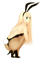 Rule 34 | 1girl, absurdres, animal ears, ass, back, backless outfit, bare back, bare shoulders, blonde hair, fake animal ears, green eyes, high heels, highres, long hair, looking back, original, panties, pantyhose, playboy bunny, rabbit ears, rabbit tail, shoes, sitting, solo, squatting, tail, thong, tony taka, underwear