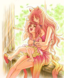 Rule 34 | 2girls, age difference, animal ears, barefoot, bikini, bikini top only, blush, bracelet, breasts, brown eyes, cat ears, cat tail, child, cleaning, cleavage, closed eyes, collar, fangs, feet, flat chest, hug, hug from behind, jewelry, licking, long hair, medium breasts, mother and daughter, multiple girls, navel, original, red hair, sandals, shoe dangle, swimsuit, tail, wanana