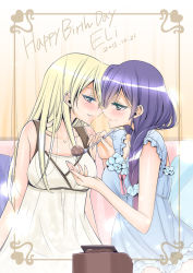 Rule 34 | 10s, 2015, 2girls, alternate hairstyle, ayase eli, bare arms, black hair, blonde hair, blue dress, blue eyes, blush, braid, breasts, character name, collarbone, dated, dress, feeding, food, fork, framed, happy birthday, imminent kiss, long hair, looking at another, love live!, love live! school idol festival, love live! school idol project, multiple girls, parted lips, ponytail, side braid, sitting, sleeveless, smile, takano saku, tojo nozomi, white dress, yuri
