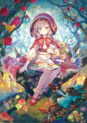 Rule 34 | 1girl, bandaid, bandaid on knee, bandaid on leg, basket, big bad wolf, bird, bottle, bow, braid, bread, brown hair, cape, copyright name, dress, expressionless, flower, food, forest, hair bow, ibara riato, knife, lace trim, little red riding hood, little red riding hood (grimm), long hair, looking at viewer, mary janes, mushroom, nature, petals, red bow, red cape, red footwear, rose, shoes, sitting, socks, solo, stuffed toy, thorns, tree, twin braids, white socks, wine bottle, yellow bow, yellow eyes, z/x