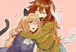 Rule 34 | 2girls, animal ears, ascot, black ears, black tail, blonde hair, blush, brown hair, cat ears, cat tail, charlotte e. yeager, closed eyes, cowboy shot, fang, glasses, heart, hug, long hair, miyoichi ( miyoichi), multiple girls, one eye closed, open mouth, perrine h. clostermann, pink background, rabbit ears, rabbit girl, rabbit tail, strike witches, tail, world witches series