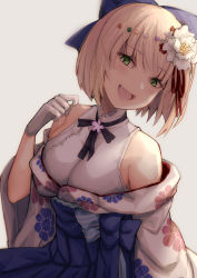Rule 34 | 1girl, blonde hair, bow, character request, commentary request, copyright request, flower, gloves, green eyes, hair bow, hair flower, hair ornament, hair ribbon, happy, highres, hololive, japanese clothes, kimono, looking at viewer, momosuzu nene, momosuzu nene (new year), open mouth, ribbon, short hair, simple background, smile, solo, virtual youtuber, white gloves, yude