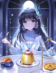Rule 34 | 1girl, absurdres, aoi nabi, black hair, bow, bow earrings, breasts, butterfly hair ornament, cherry, cleavage, cleavage cutout, clothing cutout, desk, dessert, earrings, egg tart, food, fruit, hair ornament, highres, holding, holding spoon, indie virtual youtuber, indoors, jewelry, long hair, looking at viewer, macaron, moonlight, night, night sky, pudding, round table, shan (ti0n), shirt, sky, small breasts, smile, solo, spoon, sweater, table, tea, virtual youtuber, white shirt, white sweater