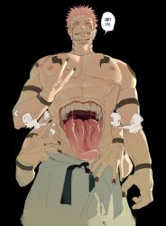 Rule 34 | 1boy, abs, absurdres, black nails, drooling, english text, extra arms, extra eyes, grin, highres, iba (kcokaine), jujutsu kaisen, large pectorals, looking at viewer, male focus, muscular, muscular male, nail polish, open mouth, pants, pectorals, pink eyes, pink hair, ryoumen sukuna (jujutsu kaisen), ryoumen sukuna (true form) (jujutsu kaisen), saliva, short hair, smile, solo, speech bubble, tattoo, teeth, topless male, white pants