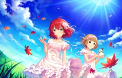 Rule 34 | 2girls, blue eyes, blush, dress, garden, idolmaster, idolmaster cinderella girls, idolmaster cinderella girls starlight stage, multiple girls, murakami tomoe, red hair, short hair, sky, smile, sun