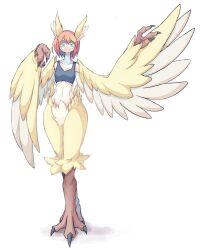Rule 34 | 1girl, 4138, animal ears, bird ears, bird legs, black tank top, blue eyes, bottomless, breasts, claws, digitigrade, feathered wings, feathers, frown, hair ornament, hairclip, harpy, head wings, looking at viewer, medium hair, midriff, monster girl, navel, original, red hair, simple background, small breasts, solo, talons, tank top, two-tone wings, white background, white feathers, white wings, winged arms, wings, yellow feathers, yellow wings