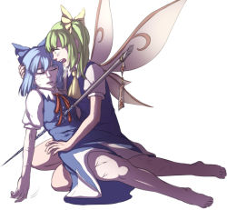 Rule 34 | 2girls, blouse, blue hair, bow, cirno, crack, cuts, daiyousei, death, dress, frozen, green eyes, green hair, hair bow, ice, impaled, injury, mefomefo, multiple girls, ofuda, puffy short sleeves, puffy sleeves, shirt, short hair, short sleeves, side ponytail, simple background, sleeveless, sleeveless shirt, stick, touhou, white background, white shirt, wings