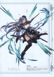 Rule 34 | 1girl, absurdres, black gloves, black panties, blue eyes, blue hair, blunt bangs, boots, breasts, character name, cleavage, clothing cutout, fingerless gloves, full body, gloves, granblue fantasy, hair ornament, hat, high heels, highres, holding, holding sword, holding weapon, large breasts, leg up, long hair, looking at viewer, mina (shingeki no bahamut), minaba hideo, official art, open mouth, page number, panties, parted bangs, pelvic curtain, ponytail, pouch, rapier, scan, sheath, shingeki no bahamut, simple background, solo, sparkle, stats, sword, thigh boots, thighhighs, thighs, underboob cutout, underwear, vambraces, very long hair, water, weapon