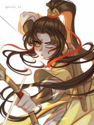 Rule 34 | 1girl, absurdres, archery, arrow (projectile), bow (weapon), character request, facial mark, forehead mark, genshin impact, hair tie, highres, japanese clothes, long hair, modao zushi, nathania justine, one eye closed, ponytail, solo, tagme, weapon, white background