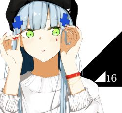 Rule 34 | 1girl, bad id, bad twitter id, beanie, blunt bangs, blush, bracelet, breasts, casual, facial mark, girls&#039; frontline, green eyes, hair ornament, hat, highres, hk416 (girls&#039; frontline), ichiki 1, jewelry, long hair, looking at viewer, medium breasts, nail polish, parted lips, red nails, sidelocks, silver hair, solo, sweater, teardrop, very long hair, white sweater, wristband