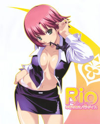 Rule 34 | 1girl, breasts, croupier, earrings, green eyes, highres, jewelry, koutaro, large breasts, miniskirt, mouth hold, no bra, panties, pencil skirt, red hair, rio rollins, short hair, skirt, solo, super blackjack, underwear, undressing