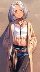 Rule 34 | 1girl, belt, black pantyhose, breasts, closed mouth, coat, dark-skinned female, dark elf, dark skin, denim, denim shorts, elf, hairband, hands in pockets, highres, jewelry, kinta (distortion), midriff, mole, mole under eye, navel, necklace, open clothes, open coat, orange eyes, original, pantyhose, pointy ears, short hair, shorts, silver hair, simple background, small breasts, solo, tank top, torn clothes, torn pantyhose