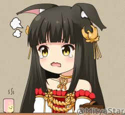 Rule 34 | 1girl, animal ear fluff, animal ears, azur lane, bare shoulders, black hair, blush, collarbone, commentary request, cup, detached sleeves, dress, fox ears, hair ornament, long hair, mitya, nagato (azur lane), open mouth, pleated dress, red dress, solo, steam, strapless, strapless dress, tears, twitter username, upper body, wavy mouth, white sleeves, yellow eyes, yunomi