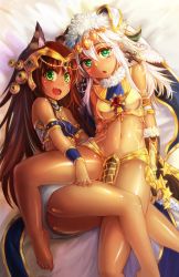 Rule 34 | 2girls, :d, :o, animal ears, ankh, armlet, bare shoulders, barefoot, bastet (p&amp;d), blush, bracelet, breasts, brown hair, cat ears, chestnut mouth, circlet, dark-skinned female, dark skin, egyptian, fangs, feet, flat chest, freeze-ex, green eyes, jewelry, long hair, looking at viewer, lying, multiple girls, navel, on back, on side, open mouth, puzzle &amp; dragons, shiny skin, small breasts, smile, sopdet (p&amp;d), star (symbol), white hair