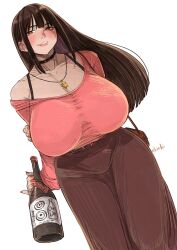 Rule 34 | 1girl, arm behind back, artist name, bag, belt, black choker, blunt bangs, blush, bottle, bra strap, breasts, bright pupils, brown hair, brown skirt, chichi8181, choker, collarbone, commentary, cowboy shot, dutch angle, glass bottle, gold necklace, handbag, highres, holding, holding bottle, huge breasts, jewelry, long hair, long skirt, long sleeves, looking at viewer, necklace, off shoulder, original, parted lips, pendant, pink shirt, red eyes, red nails, shirt, shoulder bag, sidelocks, single bare shoulder, skirt, smile, solo, standing, symbol-only commentary, takanashi akiho, white background, white pupils