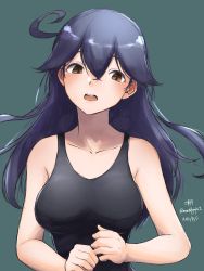 Rule 34 | 1girl, ahoge, black hair, black one-piece swimsuit, breasts, brown eyes, casual one-piece swimsuit, character name, collarbone, covered navel, dated, eyebrows hidden by hair, green background, hair between eyes, highres, kantai collection, large breasts, long hair, looking at viewer, one-piece swimsuit, open mouth, solo, swimsuit, twitter username, umibudou, upper body, ushio (kancolle)