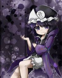 Rule 34 | 1other, androgynous, black hair, black hat, black shirt, closed mouth, coat, collared shirt, commentary request, frilled hat, frilled shorts, frills, hat, invisible chair, len&#039;en, long sleeves, open clothes, open coat, open collar, other focus, purple coat, purple eyes, shirt, shitodo kuroji, short hair, shorts, sitting, smile, solo, websci 3357, white shorts