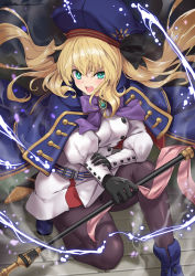 Rule 34 | 1girl, absurdres, artoria caster (fate), artoria caster (second ascension) (fate), artoria pendragon (fate), belt, beret, black gloves, black pantyhose, blonde hair, blue cape, blue hat, blush, breasts, buttons, cape, double-breasted, dress, fate/grand order, fate (series), gloves, green eyes, hat, highres, holding, holding staff, hood, hooded cape, long hair, long sleeves, looking at viewer, multicolored cape, multicolored clothes, open mouth, pantyhose, red cape, small breasts, solo, staff, thighs, twintails, tyone, white dress