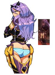 Rule 34 | 1girl, 3amsoda, absurdres, armor, ass, boots, butt crack, camilla (fire emblem), commentary, crossed arms, english commentary, expressionless, fake horns, fire emblem, fire emblem fates, from behind, greaves, highres, horns, long hair, looking to the side, nintendo, panties, print panties, purple eyes, purple footwear, purple hair, reference inset, screenshot inset, simple background, solo, striped clothes, striped panties, thigh boots, underwear, vertical-striped clothes, vertical-striped panties, white background