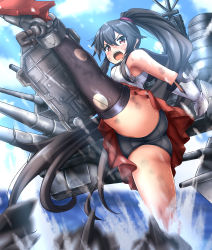 Rule 34 | 1girl, absurdres, asymmetrical legwear, black hair, black panties, black sailor collar, cannon, commentary request, commission, garter straps, gloves, high kick, highres, kantai collection, kicking, long hair, looking at viewer, machinery, midriff, open mouth, panties, pantyshot, pixiv commission, pleated skirt, ponytail, red eyes, red skirt, sailor collar, school uniform, scrunchie, serafuku, sidelocks, single thighhigh, skirt, smokestack, solo, teeth, thighhighs, torn clothes, turret, underwear, uneven legwear, upper teeth only, white gloves, yahagi (kancolle), zanntetu