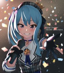 Rule 34 | 1girl, black gloves, blue hair, blush, buttons, choker, confetti, crown, gloves, grey hat, hat, highres, holding, holding microphone, hololive, hoshimachi suisei, hoshimachi suisei (1st costume), looking at viewer, microphone, partially fingerless gloves, solo, star (symbol), teeth, uta (mskmkt3822), virtual youtuber, youtube username