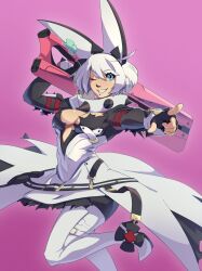 Rule 34 | 1girl, ahoge, blizzardingpike, blue eyes, blush, bracelet, breasts, cleavage, cleavage cutout, clothing cutout, clover, collar, elphelt valentine, four-leaf clover, grin, guilty gear, guilty gear xrd, gun, hairband, highres, holding, holding gun, holding weapon, huge ahoge, jewelry, large breasts, looking at viewer, one eye closed, pink background, short hair, smile, spiked bracelet, spiked collar, spiked hairband, spikes, standing, standing on one leg, weapon, white hair