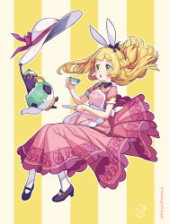 Rule 34 | 1girl, animal ears, blonde hair, braid, commentary request, creatures (company), cup, dress, evolutionary line, floating hair, game freak, gen 8 pokemon, hat, hat ribbon, high heels, highres, holding, holding cup, holding saucer, kinocopro, lillie (pokemon), lillie (special costume) (pokemon), long hair, nintendo, pantyhose, pokemon, pokemon (creature), pokemon masters ex, polteageist, purple dress, purple footwear, purple ribbon, rabbit ears, ribbon, saucer, short sleeves, sinistea, teacup, twitter username, unworn hat, unworn headwear, watermark, white headwear, white pantyhose
