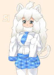 Rule 34 | 1girl, ahoge, animal ear fluff, animal ears, blue necktie, blue skirt, blush, breasts, buttons, commentary request, cowboy shot, fur collar, grey eyes, highres, kemono friends, large breasts, lets0020, lion ears, lion girl, lion tail, long hair, looking at viewer, medium bangs, necktie, numbered, open mouth, pantyhose, plaid, plaid necktie, plaid skirt, pleated skirt, shirt, sidelocks, simple background, skirt, sleeves past fingers, sleeves past wrists, smile, solo, tail, very long hair, white hair, white lion (kemono friends), white pantyhose, white shirt, yellow background