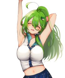 Rule 34 | 1girl, absurdres, alternate hairstyle, armpits, arms up, blue skirt, blush, breasts, cleavage, commentary request, cowboy shot, closed eyes, frog hair ornament, green hair, grey background, hair between eyes, hair ornament, highres, kochiya sanae, large breasts, long hair, midriff, navel, open mouth, ponytail, shirt, simple background, skirt, sleeveless, sleeveless shirt, solo, touhou, uchisaki himari, white shirt