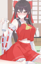 Rule 34 | 1girl, absurdres, alternate breast size, ascot, black hair, blush, bottle, bow, breasts, detached sleeves, frilled hair tubes, frills, hair bow, hair tubes, hakurei reimu, highres, holding, holding bottle, indoors, japanese clothes, large breasts, looking at viewer, midriff, miko, navel, red shirt, shirt, sidelocks, sitting, sleeveless, sleeveless shirt, solo, tokkuri, touhou, wa layla, yellow ascot, yokozuwari