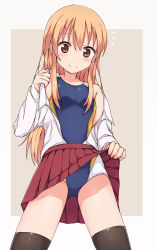 Rule 34 | 10s, 1girl, azusa (sukumizuya), blonde hair, brown eyes, clothes lift, competition swimsuit, doma umaru, highres, himouto! umaru-chan, long hair, one-piece swimsuit, school uniform, skirt, skirt lift, solo, standing, swimsuit, swimsuit under clothes, thighhighs, undressing