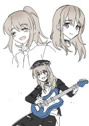Rule 34 | 1girl, absurdres, black hat, black jacket, black pants, choker, closed eyes, closed mouth, commentary request, earclip, electric guitar, girls band cry, grey eyes, guitar, habsida (habsida hpy), hat, highres, instrument, jacket, kawaragi momoka, korean commentary, light brown hair, long hair, multiple views, open mouth, pants, playing guitar, ponytail, smile, torn clothes, torn pants