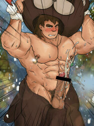 Rule 34 | 1boy, abs, ahegao, animal costume, bar censor, bara, bear costume, blush, brown hair, censored, clothing aside, cosplay, cowboy shot, cum, erection, fate/grand order, fate (series), highres, huge eyebrows, large pectorals, looking at viewer, male focus, male pubic hair, mature male, muscular, muscular male, nanman shi, navel, navel hair, nipple piercing, nipple rings, no male underwear, orion (bear) (fate), orion (bear) (fate) (cosplay), pectorals, penis, piercing, projectile cum, pubic hair, removing mask, short hair, solo, stomach, strongman waist, super orion (fate), sweat, topless male, veins, veiny penis, very sweaty