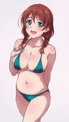 Rule 34 | 1girl, :d, aqua bikini, aqua eyes, arm behind back, bikini, blush, braid, breasts, brown hair, cleavage, clenched hand, collarbone, commentary request, covered erect nipples, emma verde, halterneck, hand up, large breasts, long hair, looking at viewer, love live!, love live! nijigasaki high school idol club, love live! school idol festival all stars, navel, open mouth, pink background, red hair, simple background, smile, solo, swimsuit, turkey min, twin braids