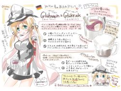 Rule 34 | 10s, 1girl, aqua eyes, bad id, bad pixiv id, blonde hair, breasts, cup, drinking straw, german flag, german text, hat, hizuki yayoi, kantai collection, looking at viewer, low ponytail, medium breasts, open mouth, prinz eugen (kancolle), recipe, scarf, skirt, smile, solo, text focus, translation request